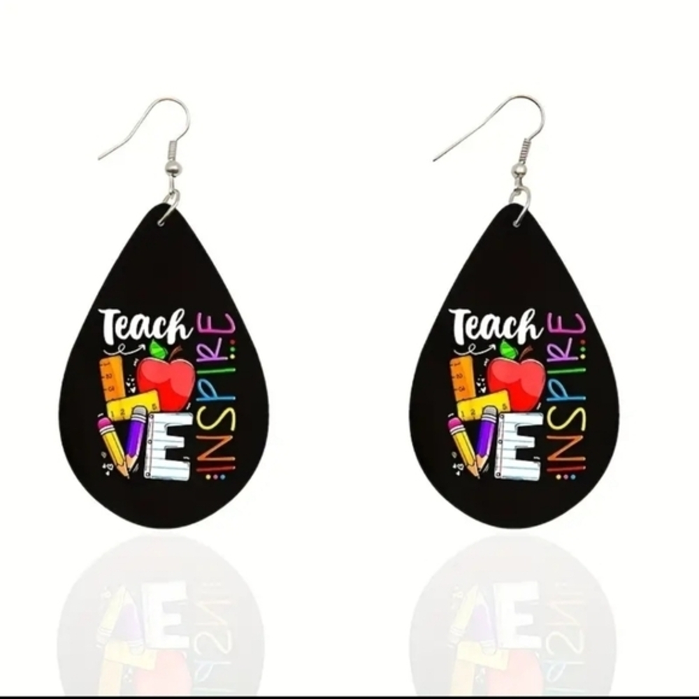 Teach, love, inspire water drop wooden‎ earrings